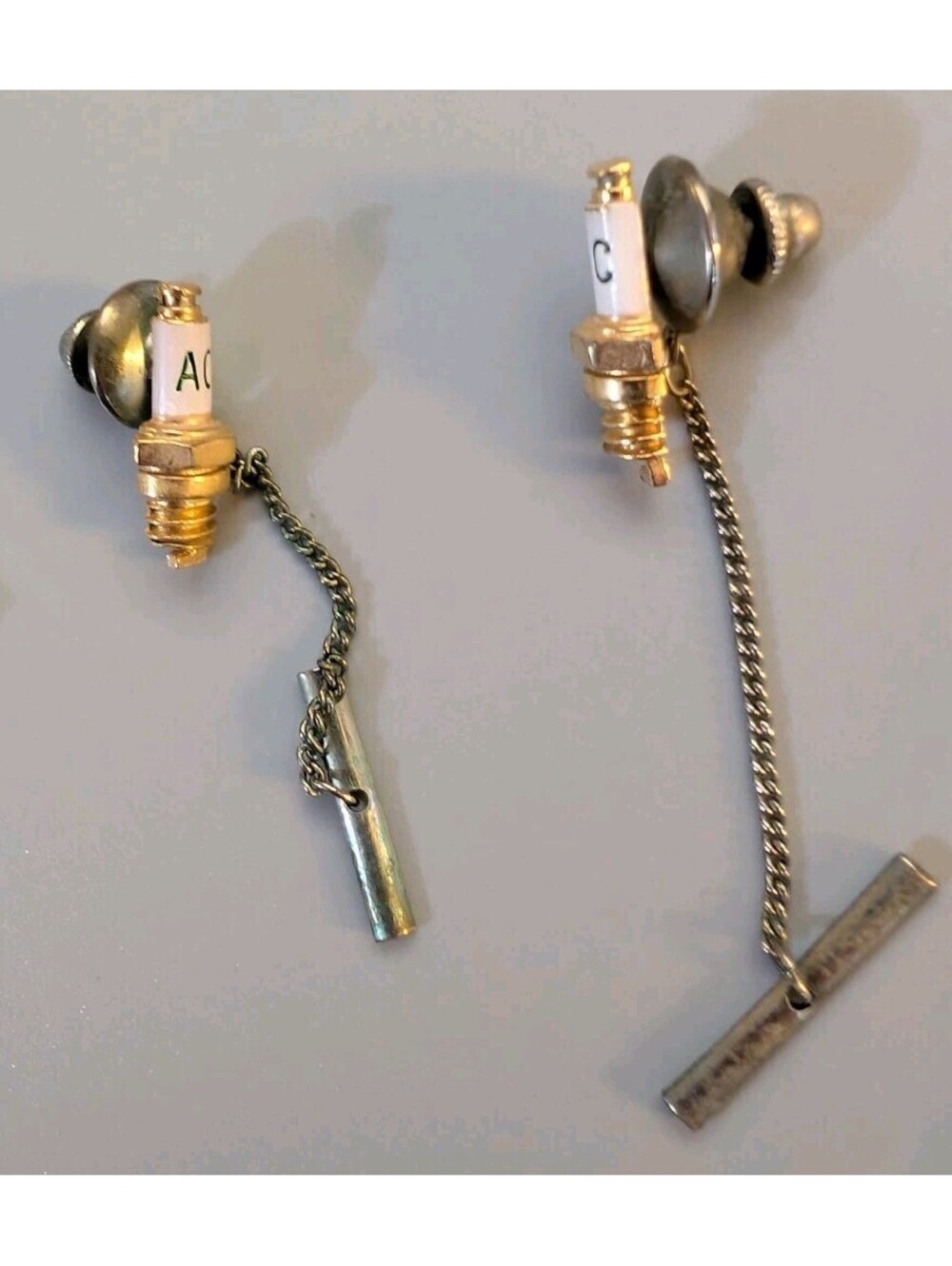 Vintage AC Delco 3D Spark Plug Tie Tack Pins Lot of 2 with Gold-Tone Chains and